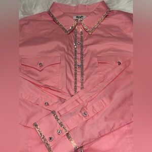 Ladies Pink Dress Shirt with Embellished Trim, Size XL